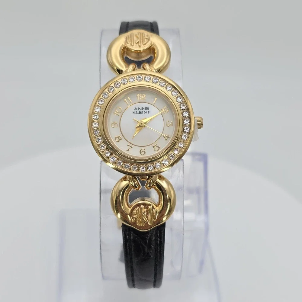 Vtg ANNE KLEIN II Ladie's Watch Women's Crystal Studded Gold Plate Leather 7.25